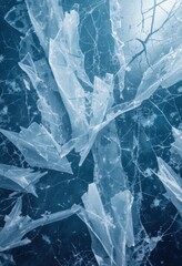 Obraz premium A close up of the cracked ice background with a bluish-gray tint and transparent areas. The network of cracks creates a unique pattern that highlights the frosty beauty of winter nature.