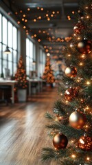 Office decorated for Christmas celebration with trees and warm lights glowing in a cozy atmosphere