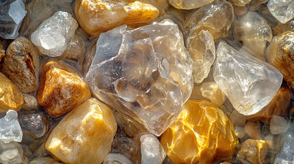 A close up view of a collection of translucent and opaque stones with varying colors and textures
