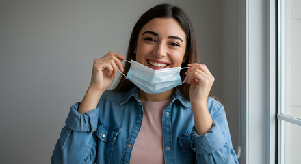 Smiling Young Woman Removing Face Mask Indoors with Hopeful Expression