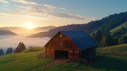 Obraz premium Sunrise over the Misty Valley and Rustic Barn