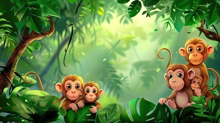 Naklejka premium A family of monkeys in the jungle are sitting on a branch, cute animals.