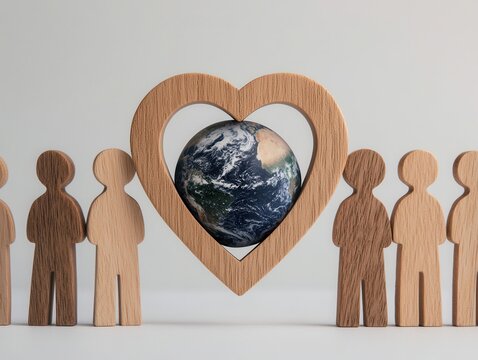A wooden heart frames the Earth, surrounded by stylized figures, symbolizing love and care for the planet and humanity.