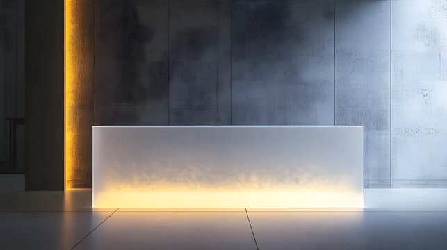 A modern podium with a frosted acrylic surface, illuminated from beneath by soft LED lights in a minimalist environment.