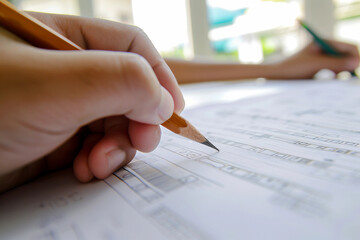 Generative AI closeup image of person filling exam test sheet with pencil during academic evaluation or assessment