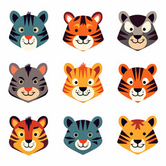 Obraz premium Cartoon animal tiger Set Illustration on a white background, animal set icon 
