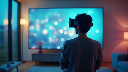 3D Flat Icon of a Person in a Modern Living Room with Gaming Console and VR Headset: Symbolizing Immersive Digital Entertainment in a Contemporary American Home