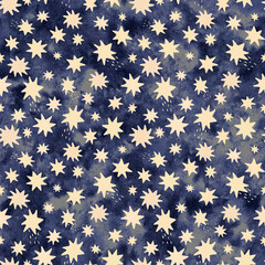 Pattern with stars. Endless texture on dark blue textured background. Print for winter textile, bedding, wrapping paper, scrapbook paper, background.