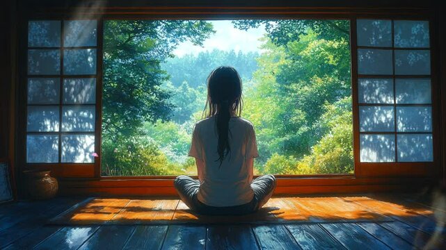 Girl meditating peacefully by traditional wooden window. Seamless looping 4K video background
