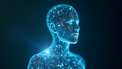 Person and Hologram: Symbolizing Digital Innovation and Futuristic Technology
