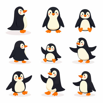 Cute penguins set. Adorable arctic antarctic birds in playful poses, waddling, walking, standing with wings. Polar animals, mammal characters, fauna from Antarctica. Isolated flat vector illustrations