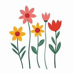 Vector flower collection in simple hand drawn cartoon style. Colorful cute spring flowers set isolated on white. Floral botanical illustration, natural blossom, blooming.