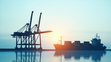 3d Flat icon as Silhouette of a port crane and a financial statement symbolizing cost accounting in double exposure with copy space. concept as A silhouette of a port crane intertwined with a financia