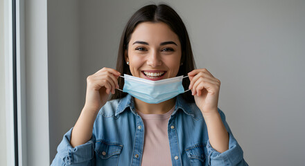 Smiling Young Woman Removing Face Mask Indoors with Hopeful Expression