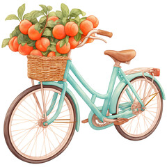 A vintage bicycle adorned with a basket overflowing with vibrant oranges and lush green leaves.
