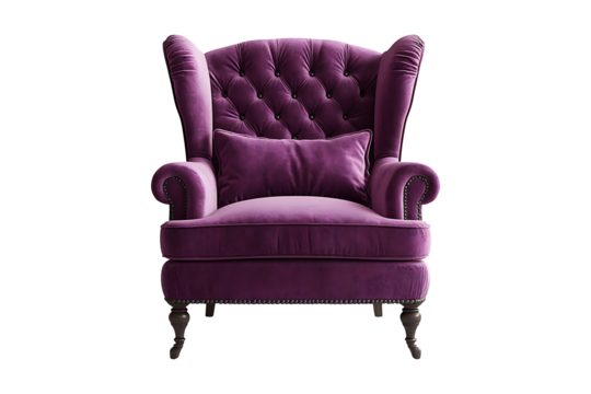 Purple accent chair with tufted back isolated on white or transparent background.