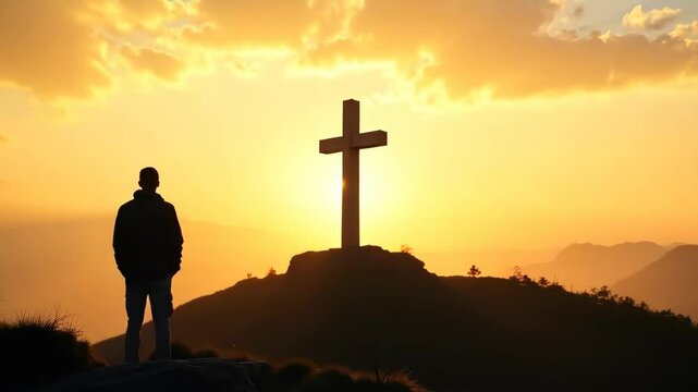 Man standing near cross on hilltop with sunset, contemplation and faith concept