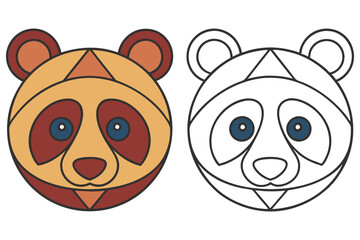 Stylized Panda Head Design, Color and Outline Version, Geometric Elements, White Background