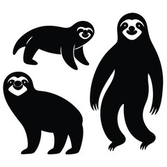 Cute Minimalist Sloth Silhouette Black Vector Collection Set