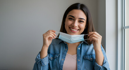 Smiling Young Woman Removing Face Mask Indoors with Hopeful Expression