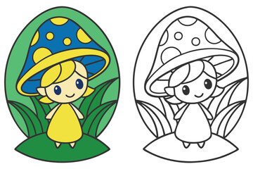 Cute Mushroom Character with Color and Line Art Version on White Background