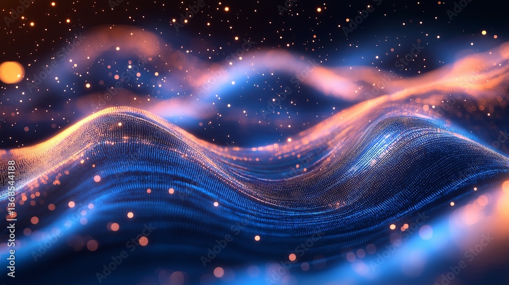 Poster a 3d holographic wave of shimmering digital pixels