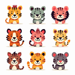 Fototapeta premium Tiger cartoon set collection, tiger cartoon vector Illustrations on a white background