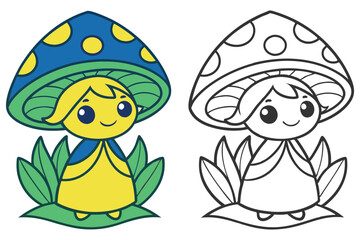 Cartoon Mushroom Girl Character with Plant, Cute Design, Coloring Page Line Art