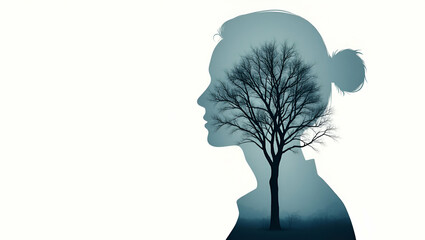 3d Flat icon as Silhouette of a person and a tree symbolizing personal growth and nature in double exposure with copy space. concept as A silhouette of a person blended with a tree representing person
