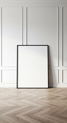 Minimalist interior mockup with blank frame. Empty frame wall poster mockup. Interior mockup with modern design. Contemporary interior scene