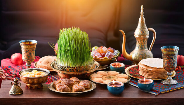 A beautifully decorated Nowruz table featuring a samovar, pastries, nuts, fresh fruits, wheatgrass, and tea, symbolizing Persian New Year celebrations.