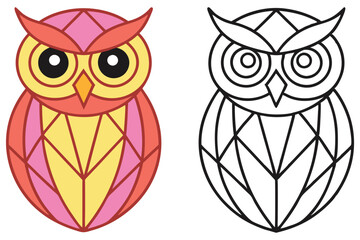 Geometric Owl with Pink and Yellow, Line Art Design on White Background