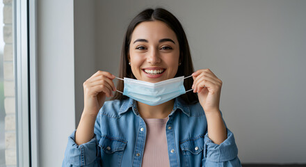Smiling Young Woman Removing Face Mask Indoors with Hopeful Expression