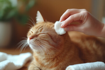 A person holds a cat's ear and wipes with a clean cloth.