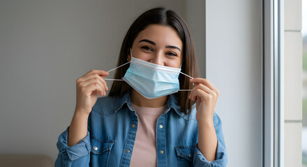 Smiling Young Woman Removing Face Mask Indoors with Hopeful Expression