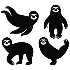 Cute Minimalist Sloth Silhouette Black Vector Collection Set