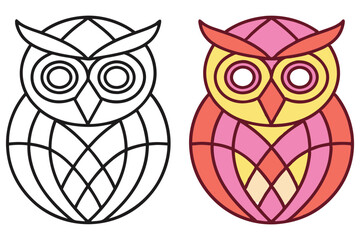 Stylized Owl Outline Drawing, Vibrant Color Palette on white background