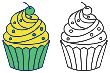 Whimsical Yellow Frosted Cupcake Clipart with Green Base and Cherry Topping, Icon