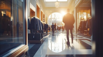 Blurred luxury fashion boutique interior with shoppers in the background