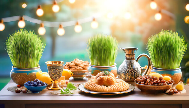 A beautifully decorated Nowruz table featuring a samovar, pastries, nuts, fresh fruits, wheatgrass, and tea, symbolizing Persian New Year celebrations.
