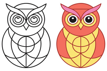 Two Owls Geometric Style Outline and Colorful Version Isolated on White Background