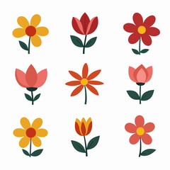 Vector flower collection in simple hand drawn cartoon style. Colorful cute spring flowers set isolated on white. Floral botanical illustration, natural blossom, blooming.