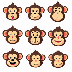 Set of cartoon fcae monkey, set of happy and surprised cartoon monkey face, Set monkey icon