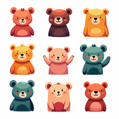Set of cute bears. Funny doodle animals. Little bear in cartoon style