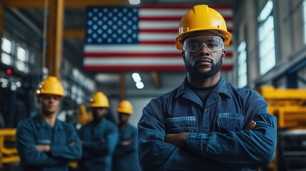 A team of factory workers wearing hard hats with US flag on background