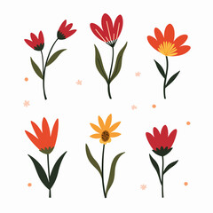 Vector flower collection in simple hand drawn cartoon style. Colorful cute spring flowers set isolated on white. Floral botanical illustration, natural blossom, blooming.