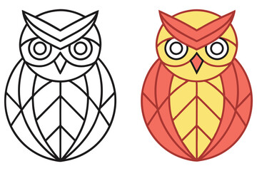 Flat Cartoon Owl with Geometric Details in Line Art and Color