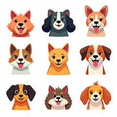 Fototapeta premium Set of cartoon a dog, Dog avatars. Cartoon dog faces. Various doggy heads. Cute puppy portraits of different breeds