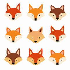 Set of fox vector illustrations on white background, Illustration of various stylized wolf and fox heads with different colors and expressions.