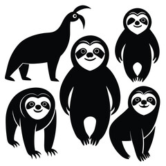 Cute Minimalist Sloth Silhouette Black Vector Collection Set